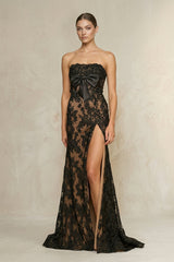 Strapless Sheath Lace Wedding Dress With Slit in Black - KISS BRIDAL Wedding Dresses