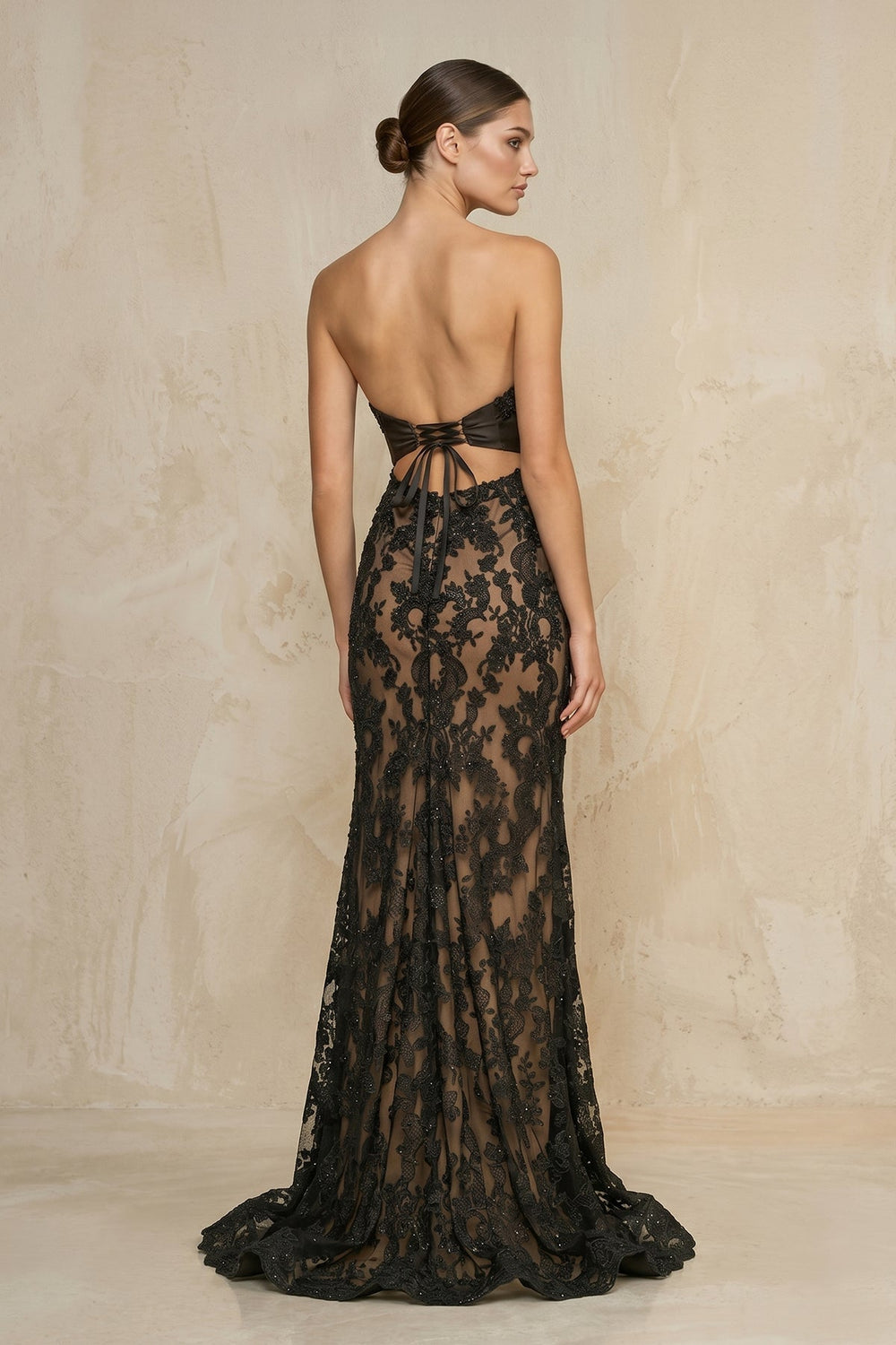 Strapless Sheath Lace Wedding Dress With Slit in Black - KISS BRIDAL Wedding Dresses