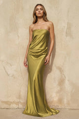 Strapless Sheath Maxi Dress in Olive - KISS BRIDAL PROM DRESSES