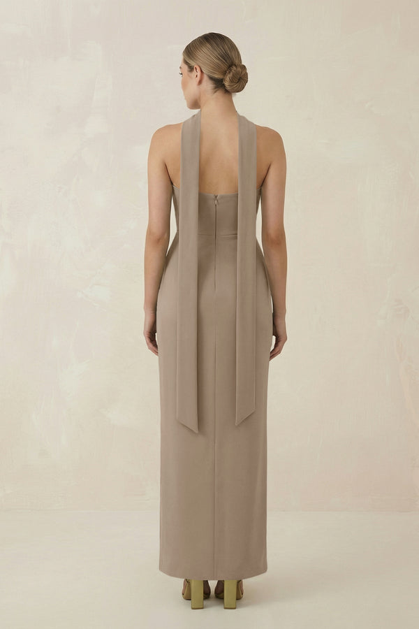 Strapless Sheath Midi Bridesmaid Dress With Ribbon in Almond - KISS BRIDAL Bridesmaid Dresses