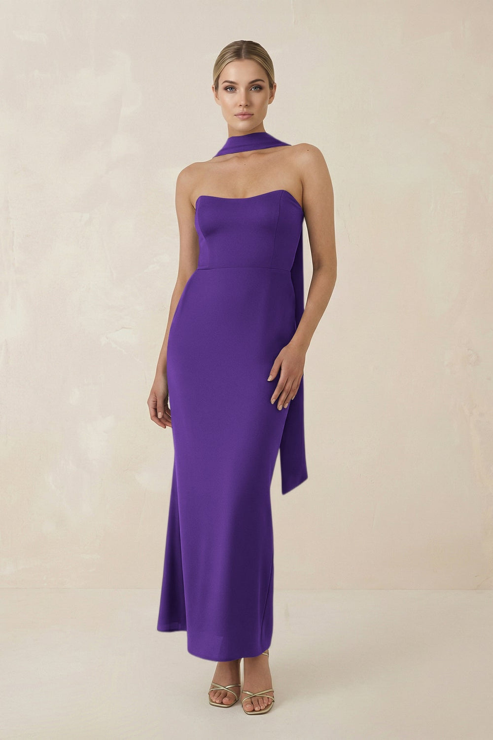 Strapless Sheath Midi Bridesmaid Dress With Ribbon in Amethyst - KISS BRIDAL Bridesmaid Dresses