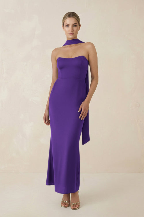 Strapless Sheath Midi Bridesmaid Dress With Ribbon in Amethyst - KISS BRIDAL Bridesmaid Dresses