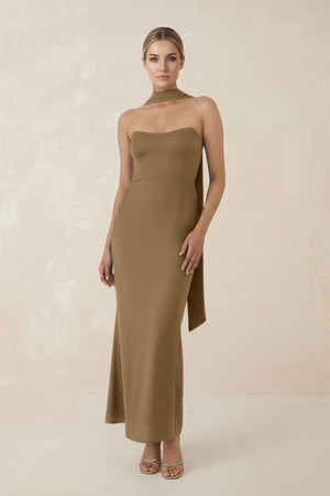 Strapless Sheath Midi Bridesmaid Dress With Ribbon in Apple Cinnamon - KISS BRIDAL Bridesmaid Dresses