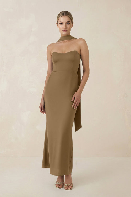Strapless Sheath Midi Bridesmaid Dress With Ribbon in Apple Cinnamon - KISS BRIDAL Bridesmaid Dresses