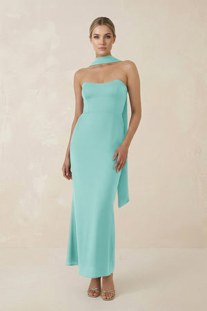 Strapless Sheath Midi Bridesmaid Dress With Ribbon in Aqua - KISS BRIDAL Bridesmaid Dresses