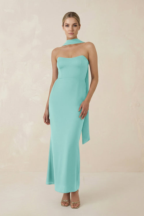 Strapless Sheath Midi Bridesmaid Dress With Ribbon in Aqua - KISS BRIDAL Bridesmaid Dresses