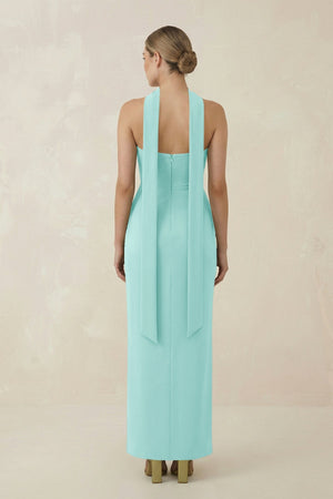 Strapless Sheath Midi Bridesmaid Dress With Ribbon in Aqua - KISS BRIDAL Bridesmaid Dresses
