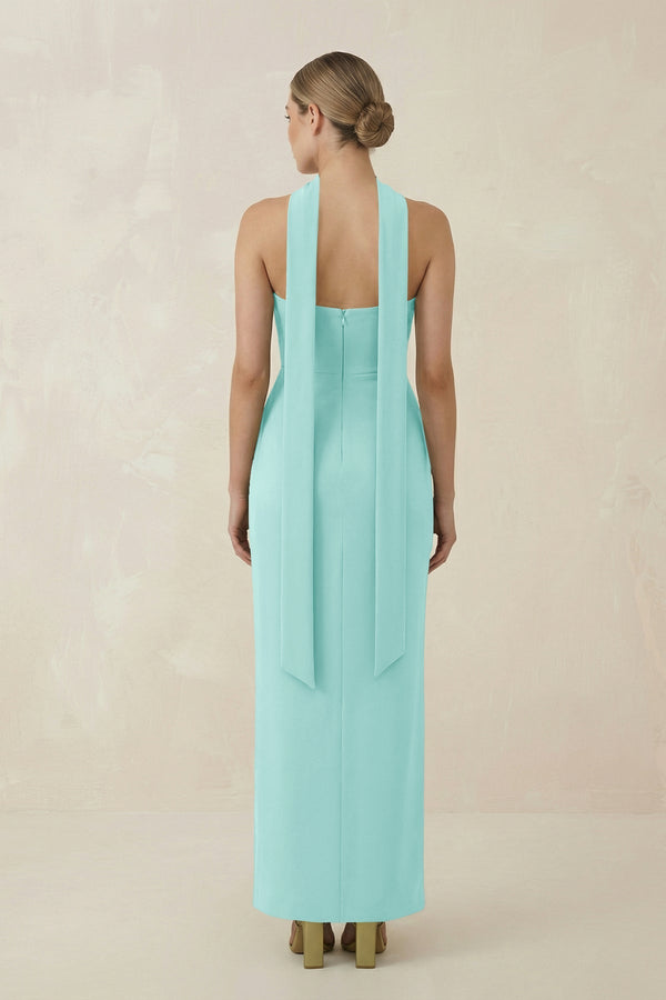 Strapless Sheath Midi Bridesmaid Dress With Ribbon in Aqua - KISS BRIDAL Bridesmaid Dresses