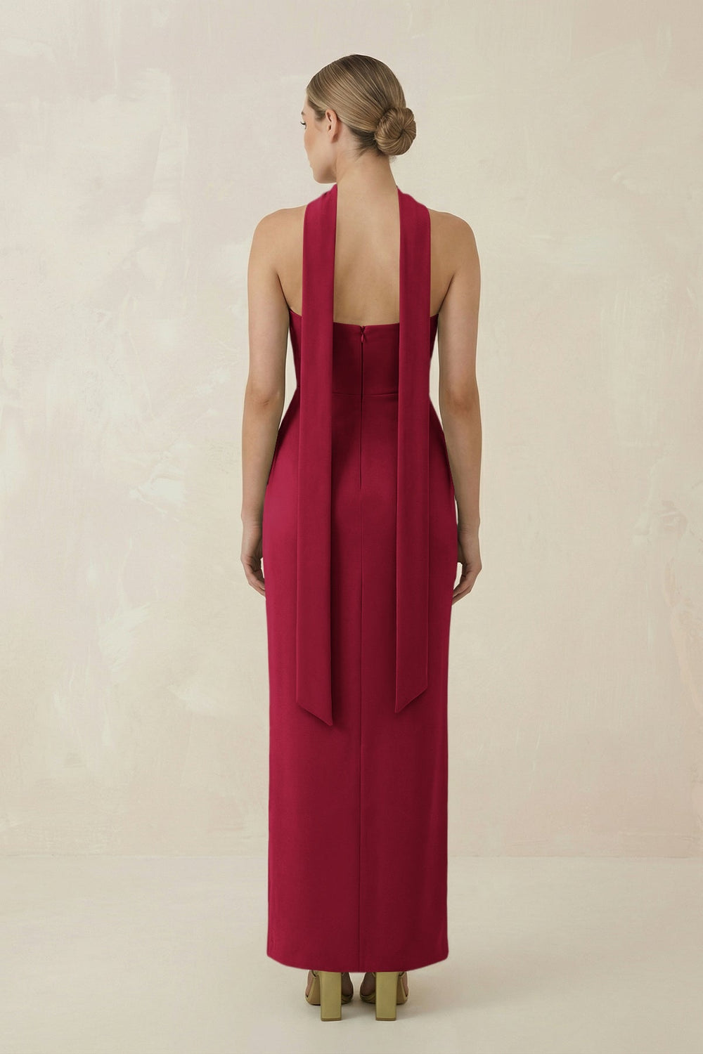 Strapless Sheath Midi Bridesmaid Dress With Ribbon in Berry - KISS BRIDAL Bridesmaid Dresses