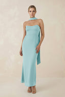 Strapless Sheath Midi Bridesmaid Dress With Ribbon in Bleached Aqua - KISS BRIDAL Bridesmaid Dresses