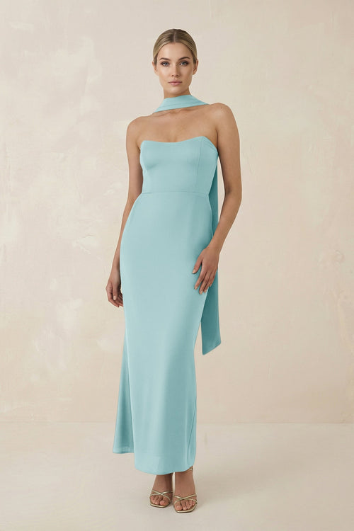 Strapless Sheath Midi Bridesmaid Dress With Ribbon in Bleached Aqua - KISS BRIDAL Bridesmaid Dresses