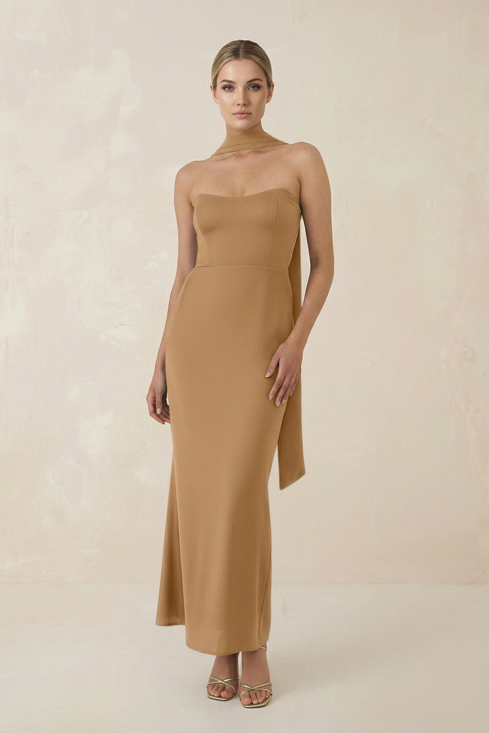 Strapless Sheath Midi Bridesmaid Dress With Ribbon in Bronzer - KISS BRIDAL Bridesmaid Dresses