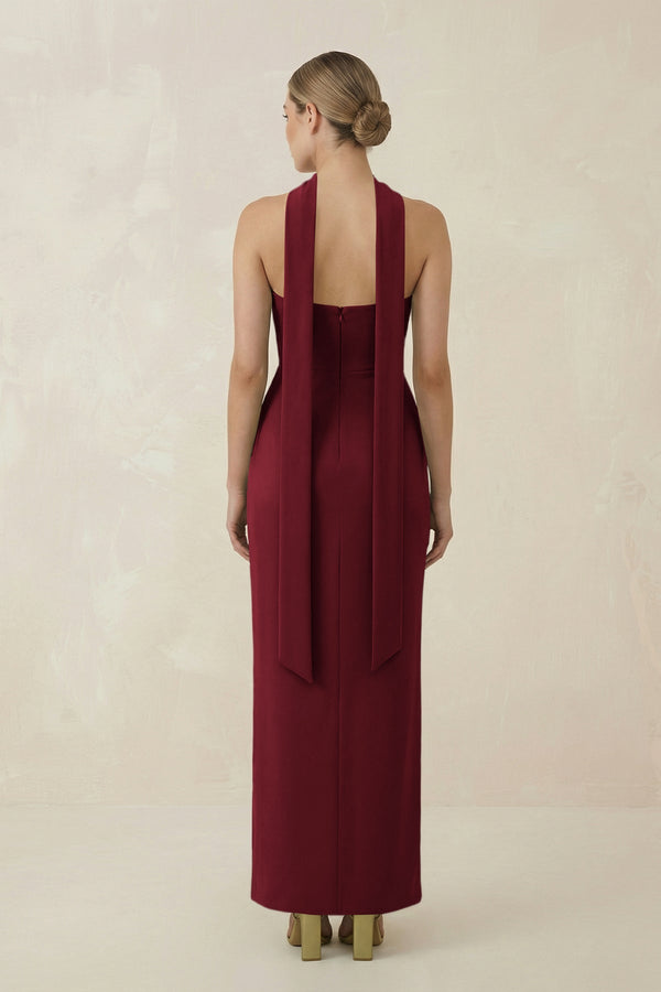 Strapless Sheath Midi Bridesmaid Dress With Ribbon in Burgundy - KISS BRIDAL Bridesmaid Dresses