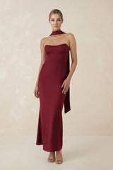 Strapless Sheath Midi Bridesmaid Dress With Ribbon in Burgundy - KISS BRIDAL Bridesmaid Dresses