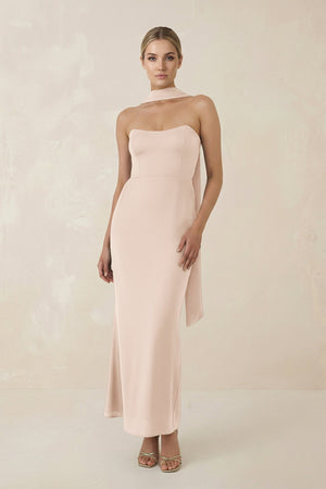 Strapless Sheath Midi Bridesmaid Dress With Ribbon in Buttercream - KISS BRIDAL Bridesmaid Dresses