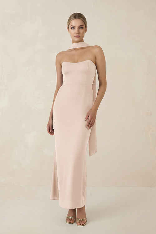 Strapless Sheath Midi Bridesmaid Dress With Ribbon in Buttercream - KISS BRIDAL Bridesmaid Dresses