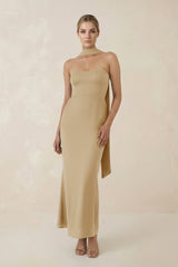 Strapless Sheath Midi Bridesmaid Dress With Ribbon in Champagne - KISS BRIDAL Bridesmaid Dresses