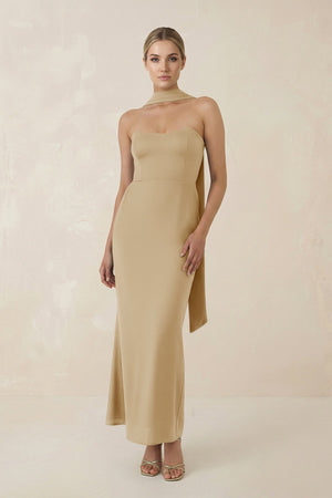 Strapless Sheath Midi Bridesmaid Dress With Ribbon in Champagne - KISS BRIDAL Bridesmaid Dresses