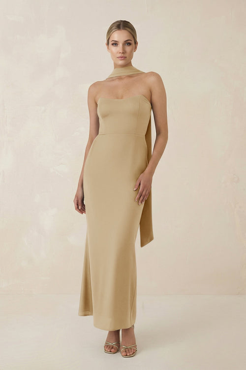 Strapless Sheath Midi Bridesmaid Dress With Ribbon in Champagne - KISS BRIDAL Bridesmaid Dresses