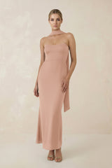 Strapless Sheath Midi Bridesmaid Dress With Ribbon in Champagne Rose - KISS BRIDAL Bridesmaid Dresses