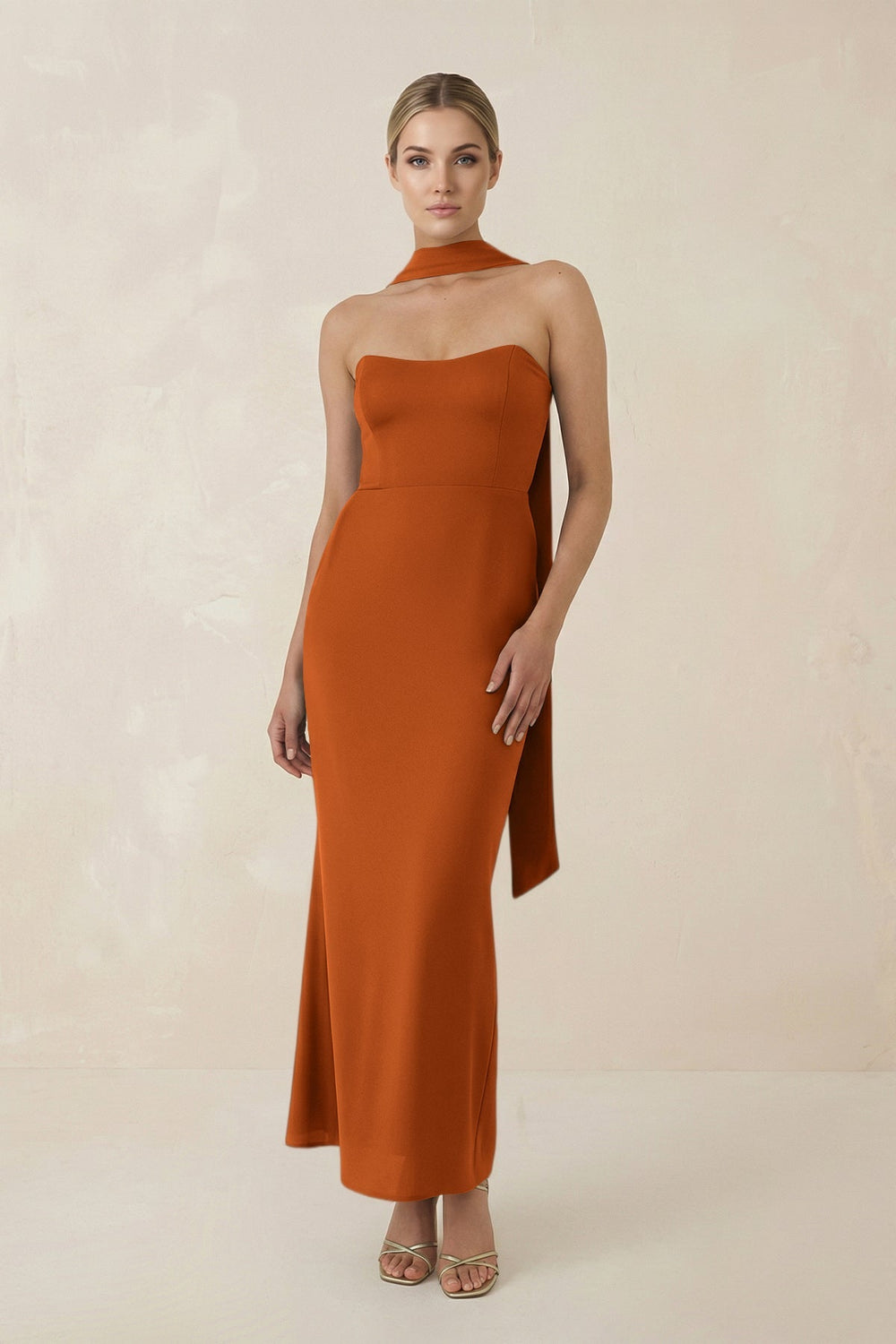 Strapless Sheath Midi Bridesmaid Dress With Ribbon in Cinnamon - KISS BRIDAL Bridesmaid Dresses