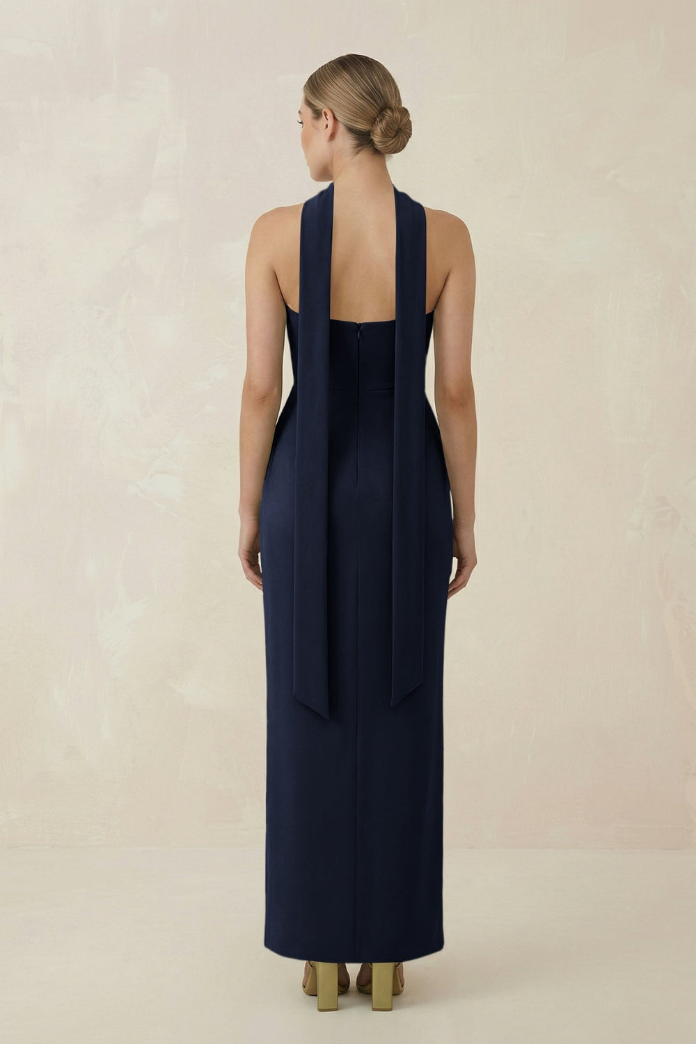 Strapless Sheath Midi Bridesmaid Dress With Ribbon in Dark Navy - KISS BRIDAL Bridesmaid Dresses