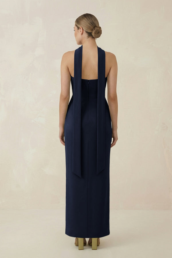 Strapless Sheath Midi Bridesmaid Dress With Ribbon in Dark Navy - KISS BRIDAL Bridesmaid Dresses
