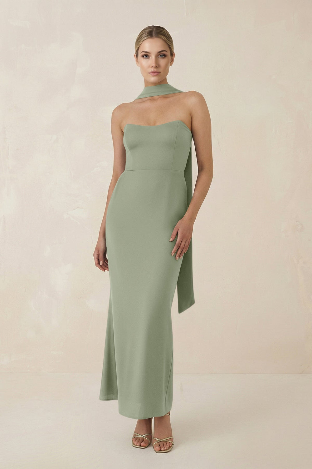 Strapless Sheath Midi Bridesmaid Dress With Ribbon in Dove Gray - KISS BRIDAL Bridesmaid Dresses