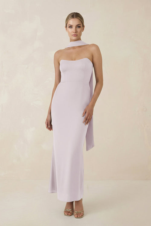 Strapless Sheath Midi Bridesmaid Dress With Ribbon in Dusk - KISS BRIDAL Bridesmaid Dresses
