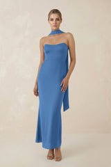 Strapless Sheath Midi Bridesmaid Dress With Ribbon in Dusty Blue - KISS BRIDAL Bridesmaid Dresses