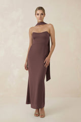 Strapless Sheath Midi Bridesmaid Dress With Ribbon in Espresso - KISS BRIDAL Bridesmaid Dresses