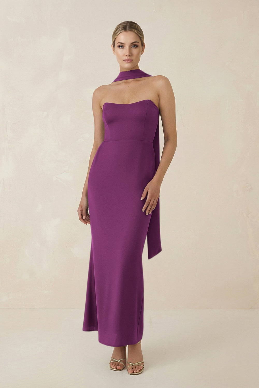 Strapless Sheath Midi Bridesmaid Dress With Ribbon in Fig - KISS BRIDAL Bridesmaid Dresses