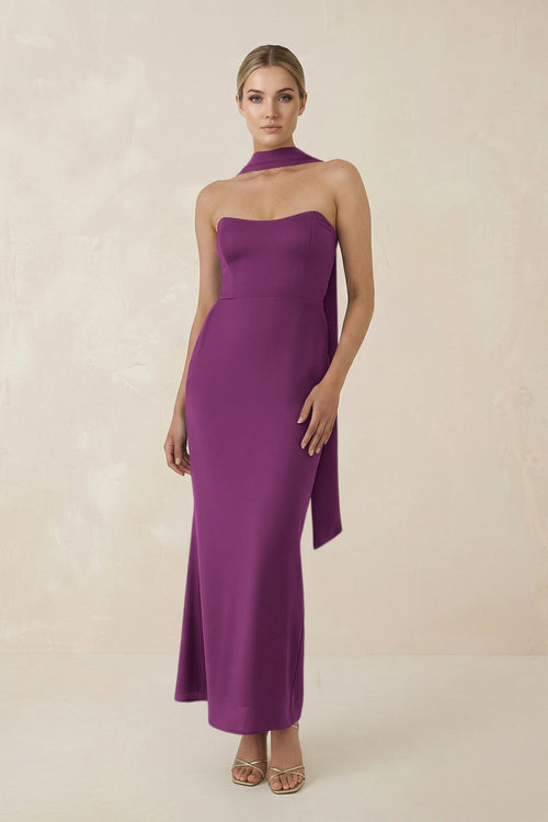 Strapless Sheath Midi Bridesmaid Dress With Ribbon in Fig - KISS BRIDAL Bridesmaid Dresses