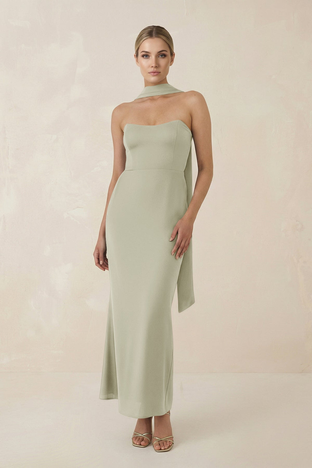 Strapless Sheath Midi Bridesmaid Dress With Ribbon in Frost - KISS BRIDAL Bridesmaid Dresses