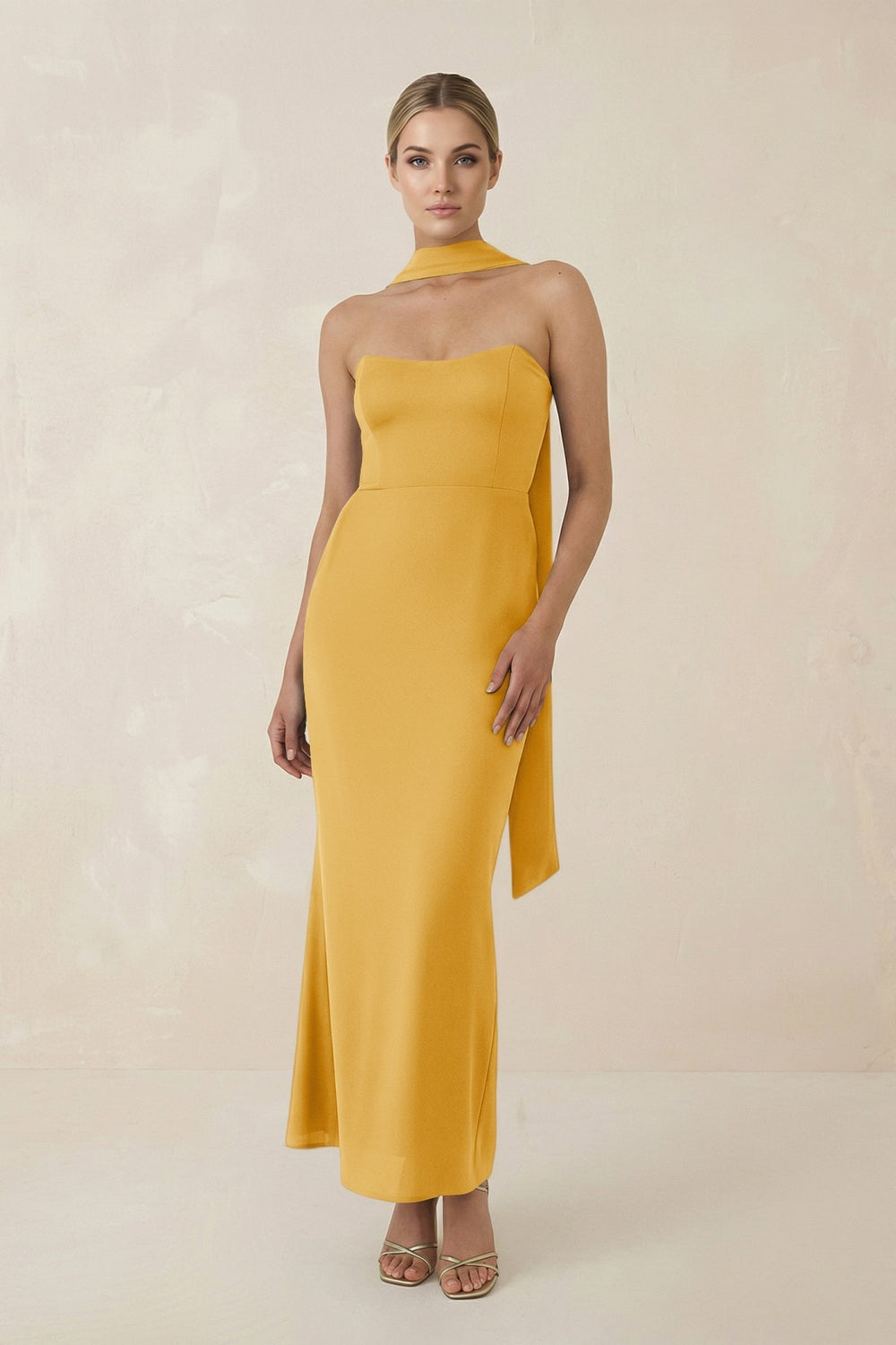 Strapless Sheath Midi Bridesmaid Dress With Ribbon in Gold - KISS BRIDAL Bridesmaid Dresses