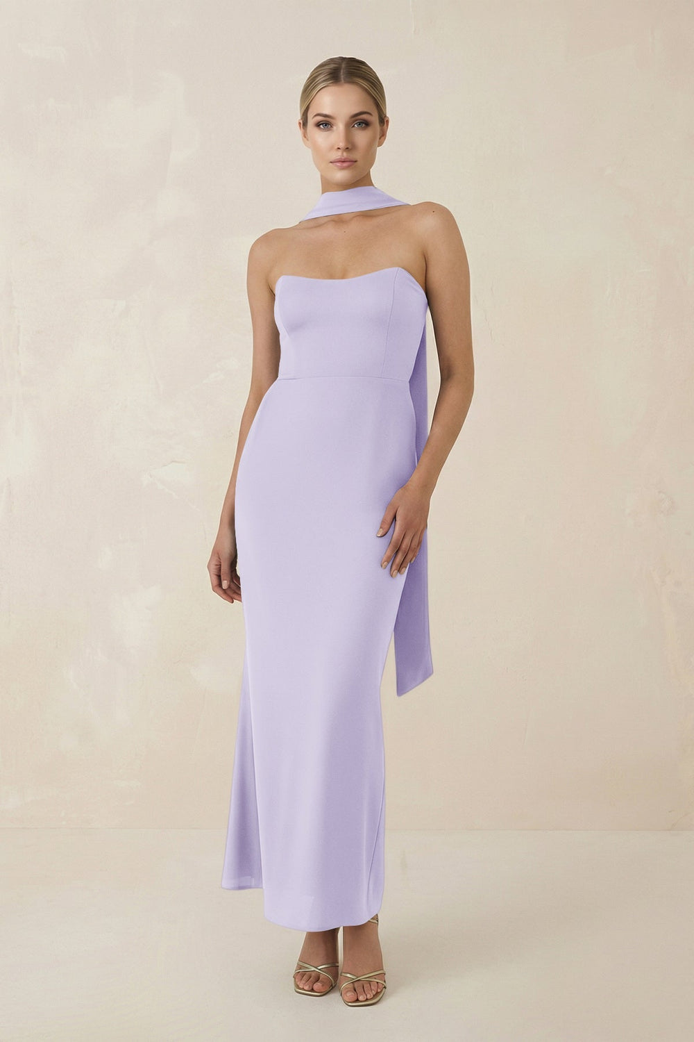 Strapless Sheath Midi Bridesmaid Dress With Ribbon in Lavender - KISS BRIDAL Bridesmaid Dresses
