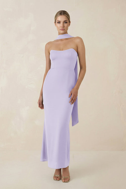 Strapless Sheath Midi Bridesmaid Dress With Ribbon in Lavender - KISS BRIDAL Bridesmaid Dresses