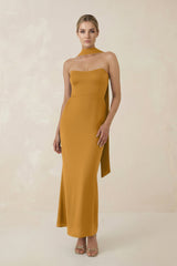 Strapless Sheath Midi Bridesmaid Dress With Ribbon in Marigold - KISS BRIDAL Bridesmaid Dresses
