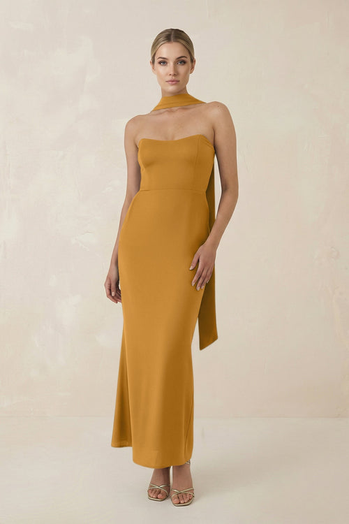 Strapless Sheath Midi Bridesmaid Dress With Ribbon in Marigold - KISS BRIDAL Bridesmaid Dresses
