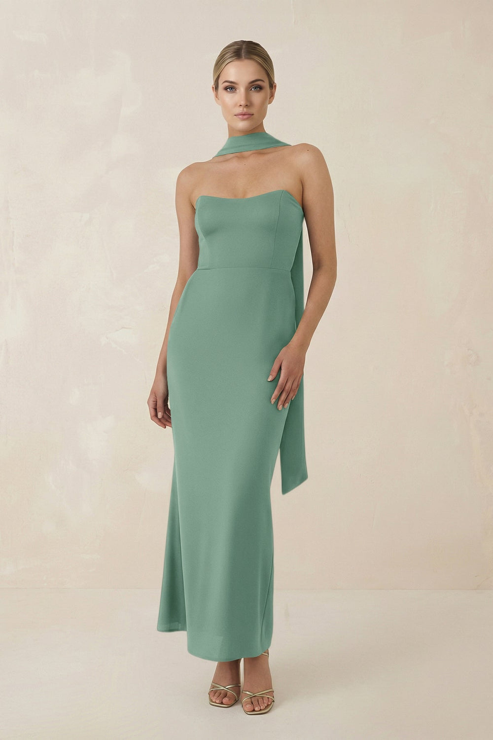 Strapless Sheath Midi Bridesmaid Dress With Ribbon in Mint Green - KISS BRIDAL Bridesmaid Dresses