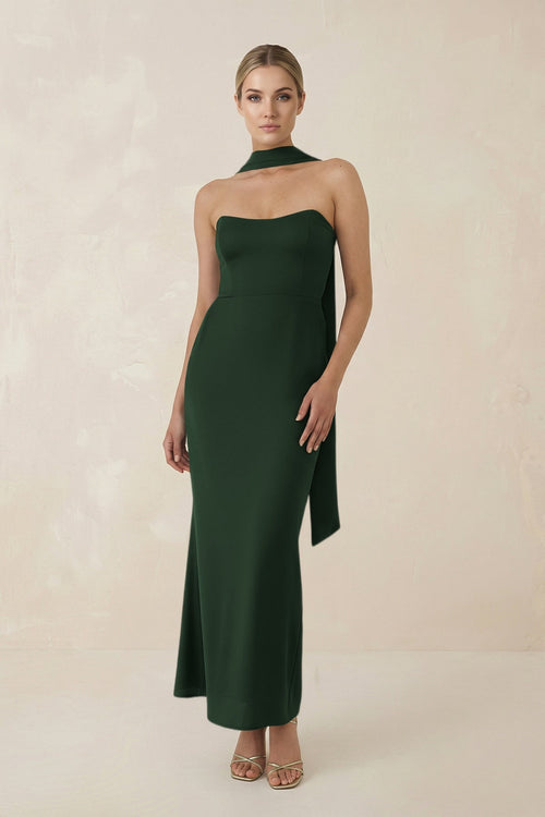 Strapless Sheath Midi Bridesmaid Dress With Ribbon in Moss - KISS BRIDAL Bridesmaid Dresses