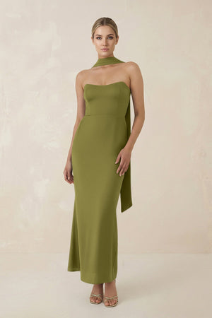 Strapless Sheath Midi Bridesmaid Dress With Ribbon in Moss Green - KISS BRIDAL Bridesmaid Dresses