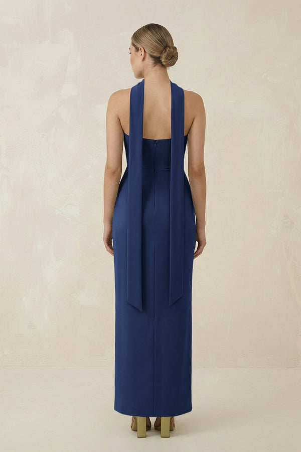 Strapless Sheath Midi Bridesmaid Dress With Ribbon in Navy - KISS BRIDAL Bridesmaid Dresses