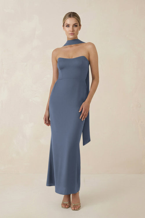 Strapless Sheath Midi Bridesmaid Dress With Ribbon in Neptune - KISS BRIDAL Bridesmaid Dresses