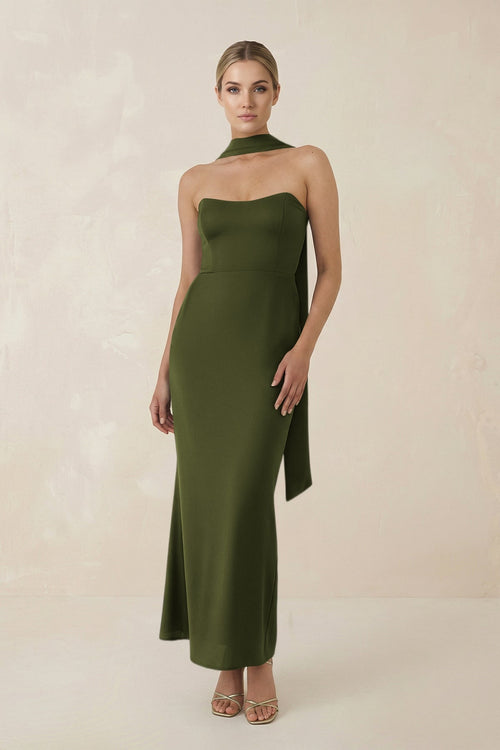Strapless Sheath Midi Bridesmaid Dress With Ribbon in Olive - KISS BRIDAL Bridesmaid Dresses
