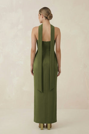 Strapless Sheath Midi Bridesmaid Dress With Ribbon in Olive - KISS BRIDAL Bridesmaid Dresses
