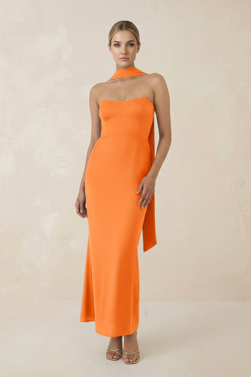 Strapless Sheath Midi Bridesmaid Dress With Ribbon in Orange - KISS BRIDAL Bridesmaid Dresses
