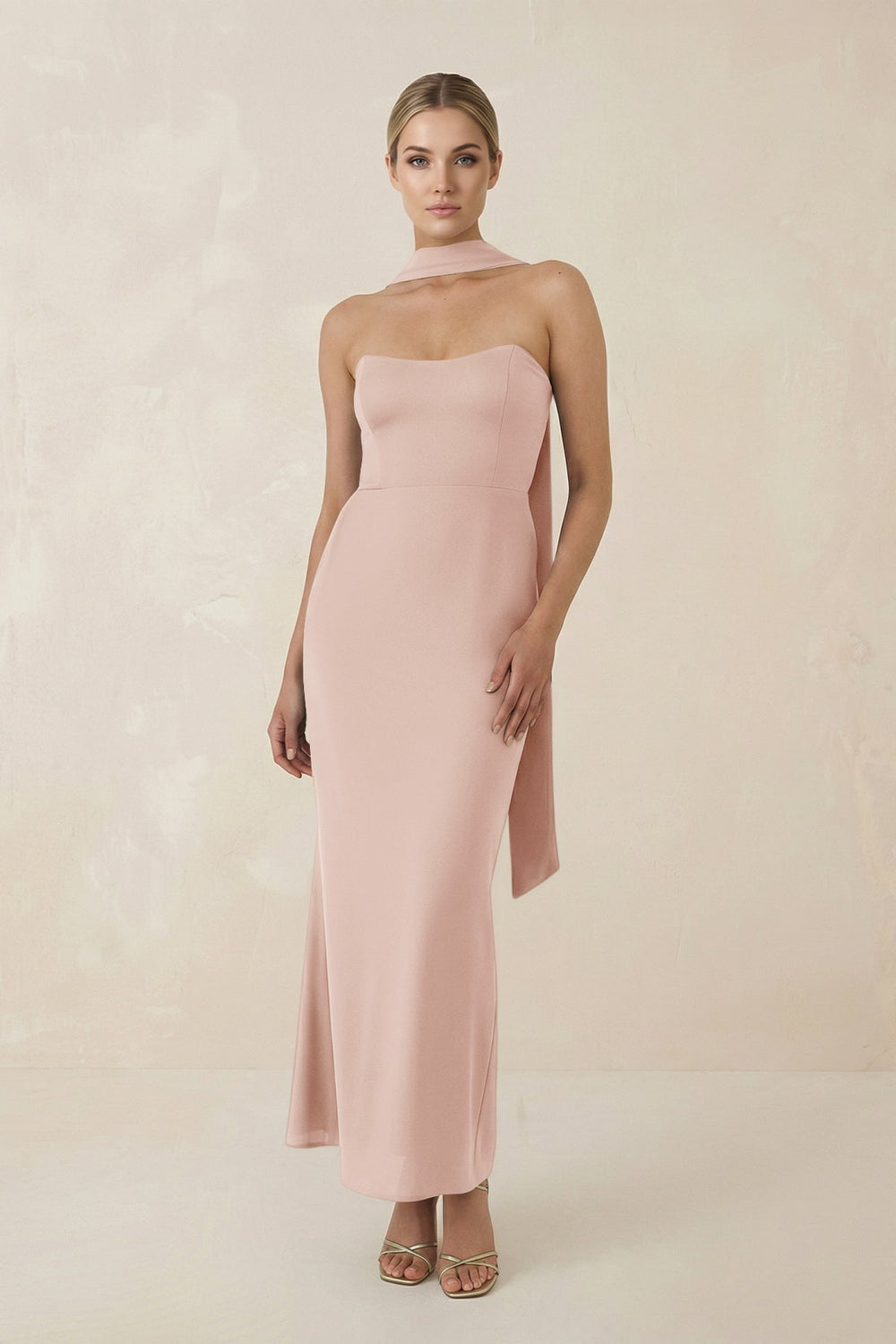Strapless Sheath Midi Bridesmaid Dress With Ribbon in Pale Blush - KISS BRIDAL Bridesmaid Dresses