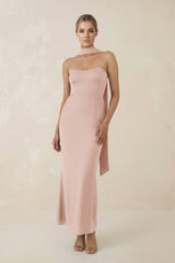 Strapless Sheath Midi Bridesmaid Dress With Ribbon in Pale Blush - KISS BRIDAL Bridesmaid Dresses
