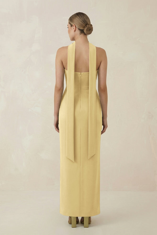 Strapless Sheath Midi Bridesmaid Dress With Ribbon in Pastel Yellow - KISS BRIDAL Bridesmaid Dresses